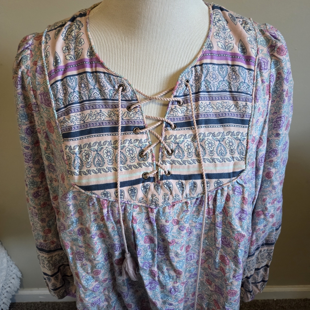 Lucky Brand Pastel Paisley Lace-Up Peasant Tunic - Picture 7 of 11